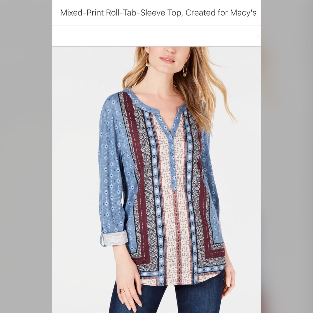 Style & Co Mixed-Print Roll-Tab-Sleeve Top